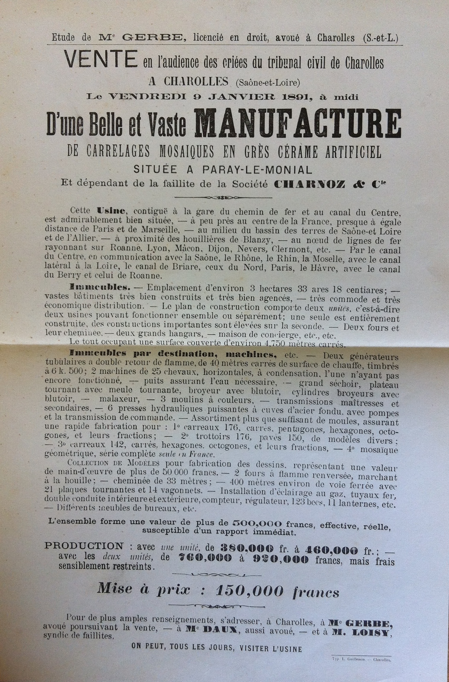 Doc. 4 - Affiche pour la vente de l'usine, 1890